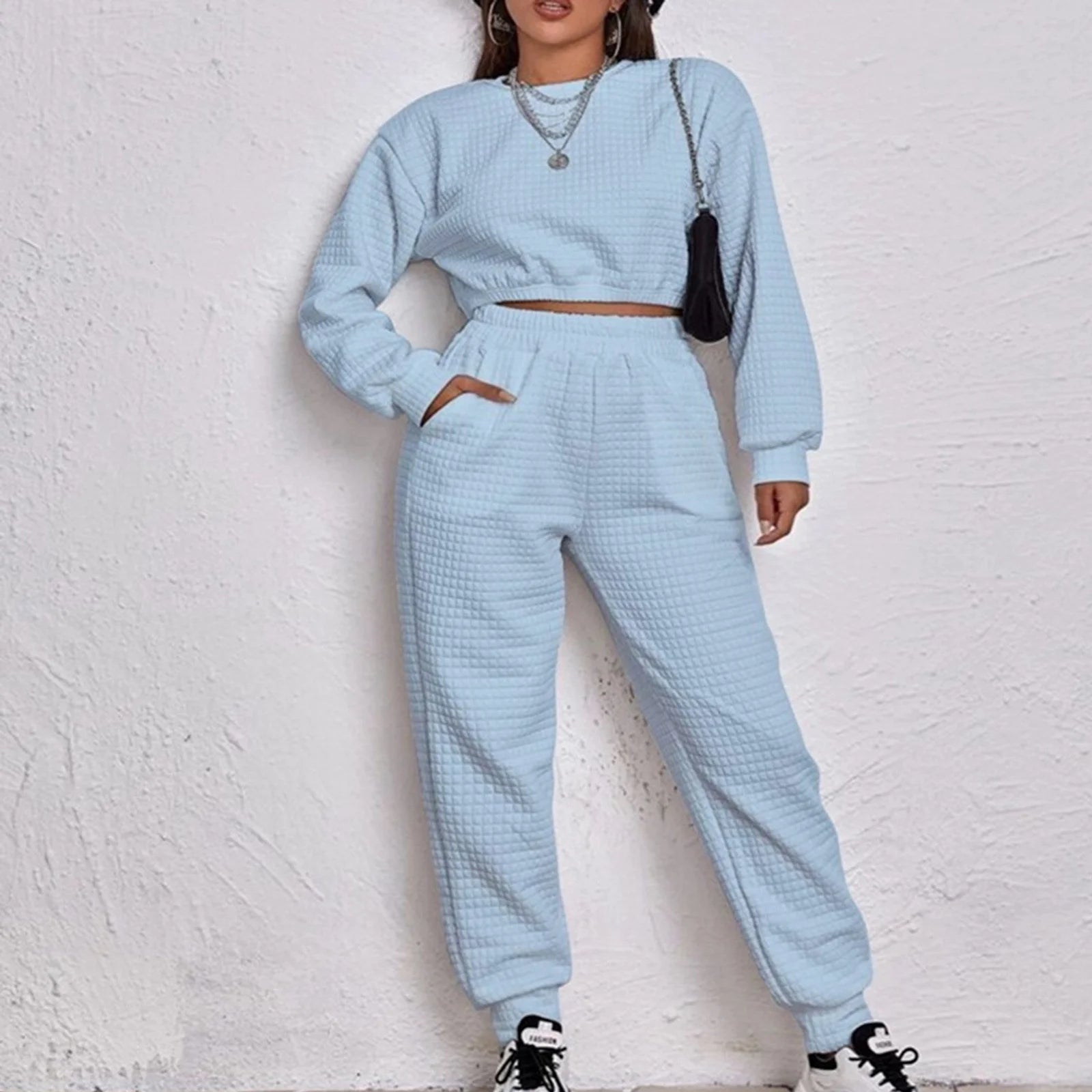 Women 2 Piece Outfits Waffle Top Long Sleeve Pullover Sweater Pants Jogger Sets with Pockets Crew Neck Sweatsuits Solid Color Winter Suit (Sky Blue L）