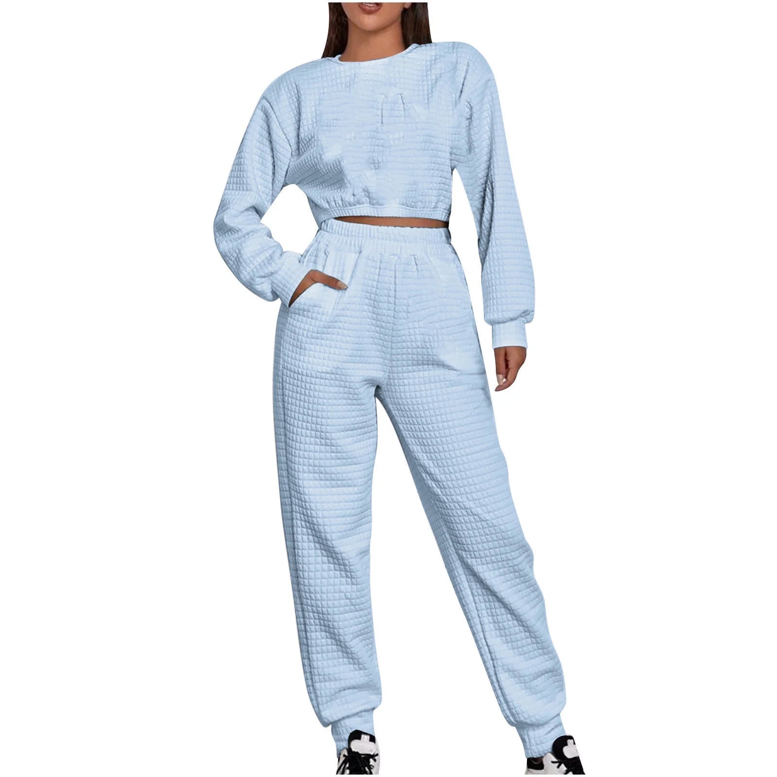 Women 2 Piece Outfits Waffle Top Long Sleeve Pullover Sweater Pants Jogger Sets with Pockets Crew Neck Sweatsuits Solid Color Winter Suit (Sky Blue L）