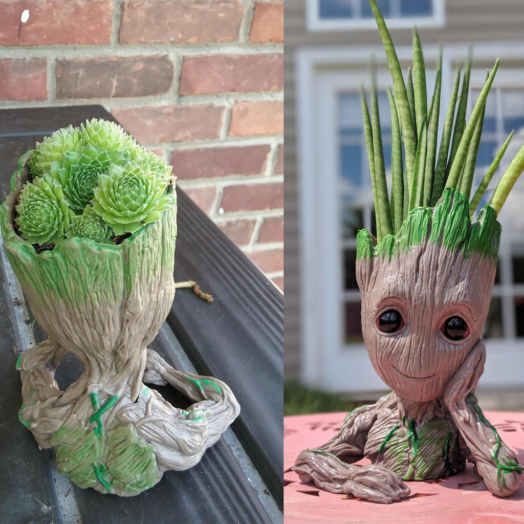 Baby Groot Pen Pot Tree Man Pens Holder or Flower Pot with Drainage Hole Perfect for a Tiny Succulents Plants 6" (Grayish Brown)
