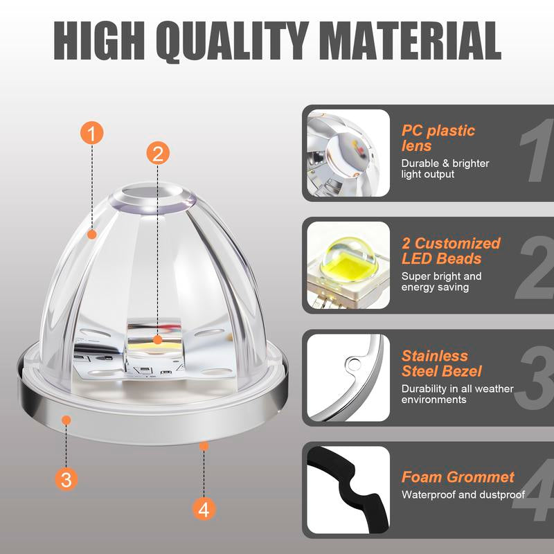 RGBW Lens LED Watermelon Lights for Trucks Side Marker Turn Signal Strobe Waterproof Chassis Lighting with Stainless Steel Bezel for Kenworth Peterbilt Freightliner Marine Boat Trailer