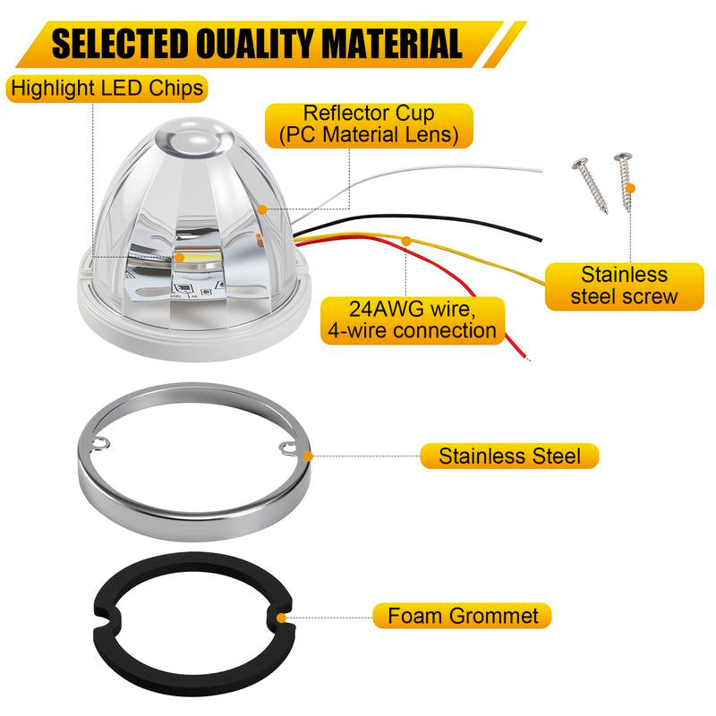 RGBW Lens LED Watermelon Lights for Trucks Side Marker Turn Signal Strobe Waterproof Chassis Lighting with Stainless Steel Bezel for Kenworth Peterbilt Freightliner Marine Boat Trailer