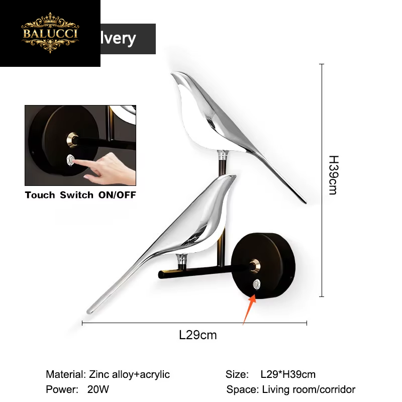 Nordic Touch Switch LED Wall Lamps for Bedside TV Background Gold Silver Magpie Bird LED Wall Lights Wall Sconce for Corridor